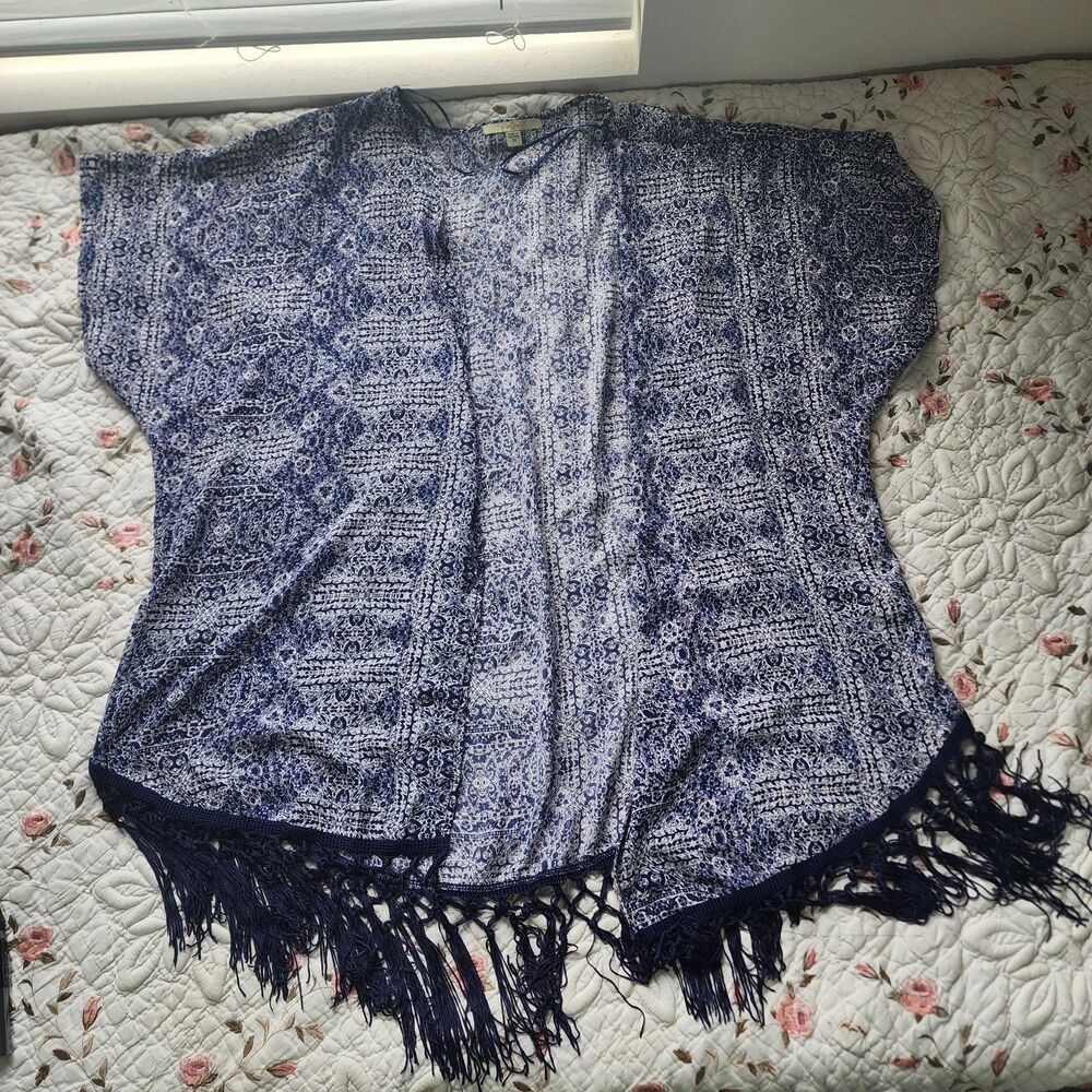 Fever Plus Size 3X Blue Paisley Medallion Fringe Kimono Cardigan Open Front